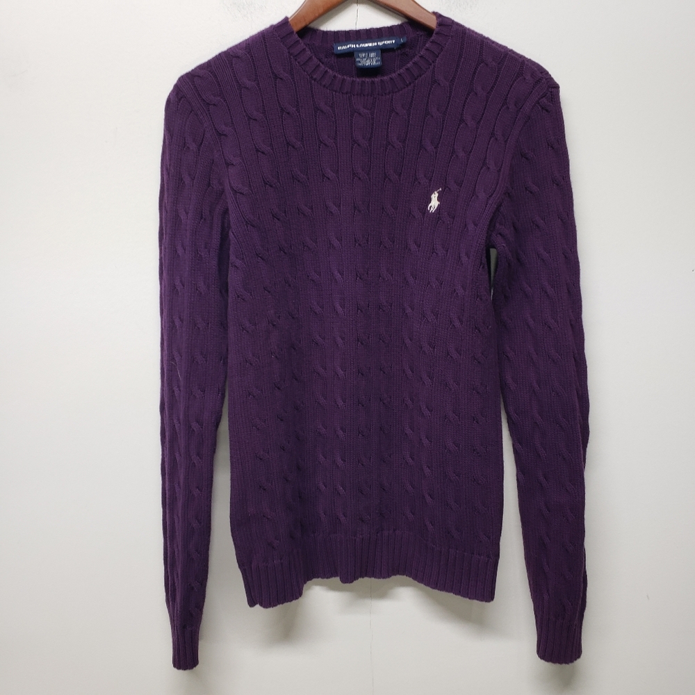 Polo Ralph Lauren Sport Cable Knit Logo Crewneck Sweater Large Purple Old Money - Picture 2 of 14